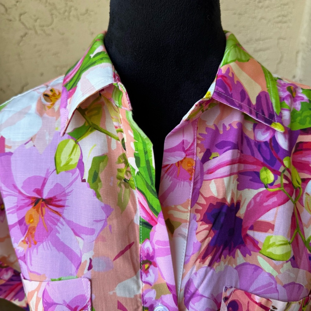 Boston Proper Cabo Fleurs Print Shirt Sz M Multicolor Versatile Short Sleeve - Picture 4 of 12